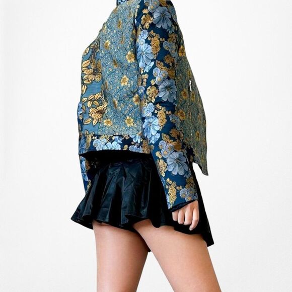 Zara Blue Yellow Floral Embroidered Shoulder Padded Blazer Jacket Size XS - Picture 3 of 7